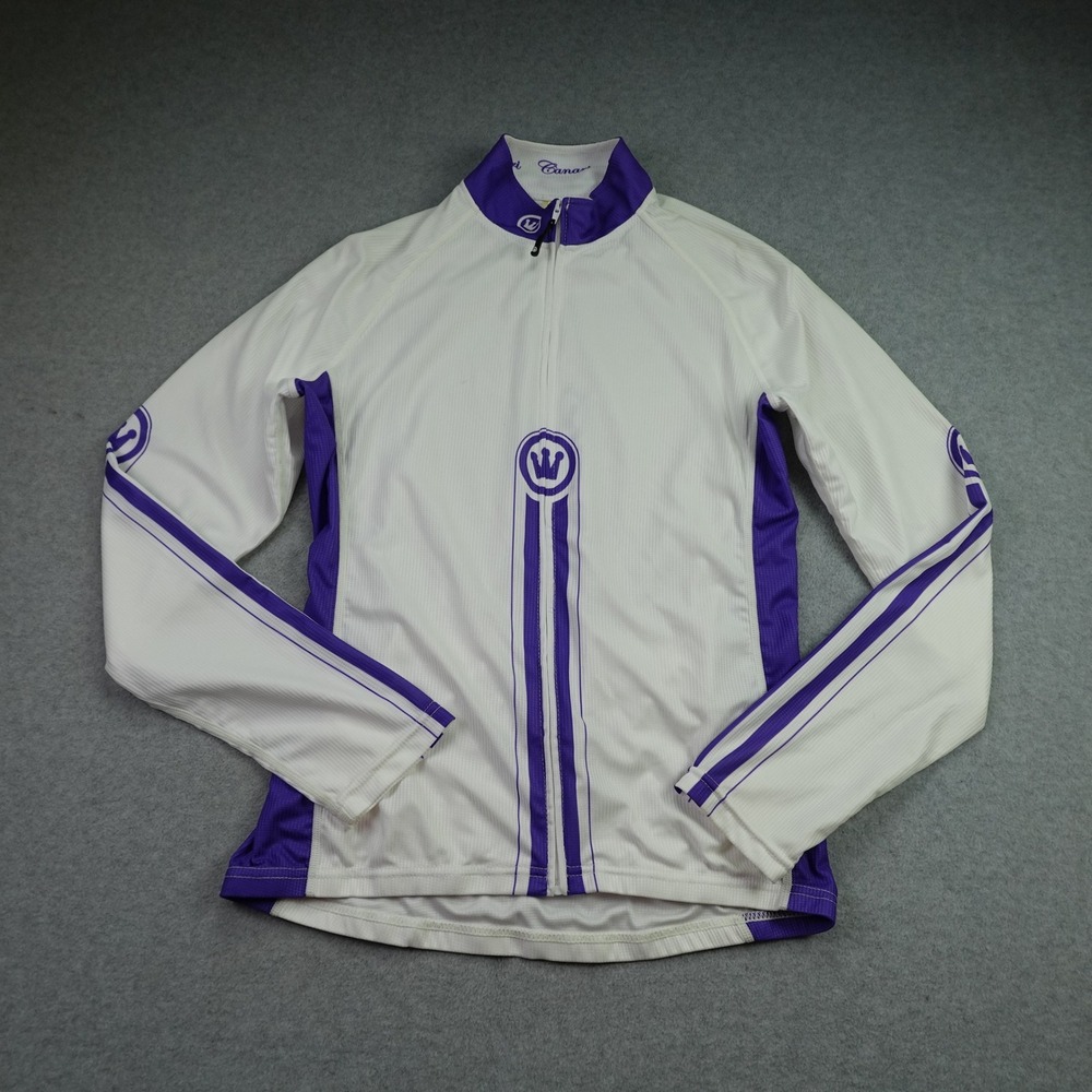 Canari Cycling Jersey Womens L White Purple Striped Full Zip Long Sleeve